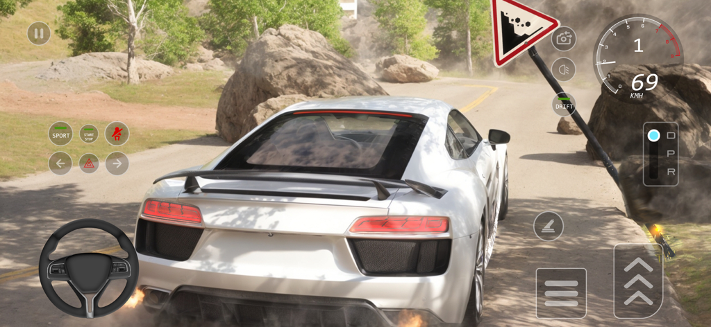 Car Driving 2026 : School Game - Juego de Car Driving 2026 School Game con un coche deportivo blanco en una carretera de montaña con una señal de caída de rocas