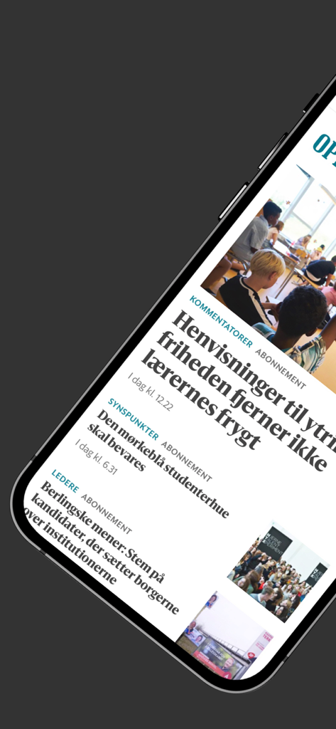 Berlingske - A close up of the Berlingske news app on an iPhone showing various Danish opinion and political articles