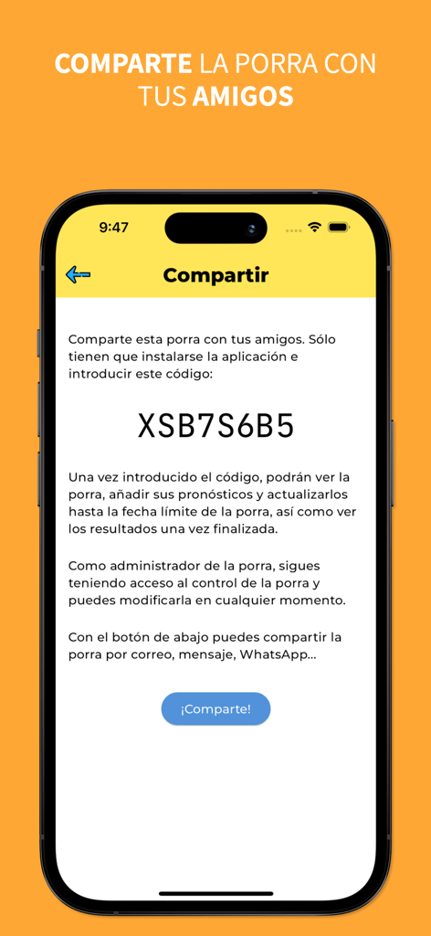 Porra - Pantalla móvil que muestra la función para compartir de la app Porra con un código único para invitar amigos a un grupo de predicción deportiva.