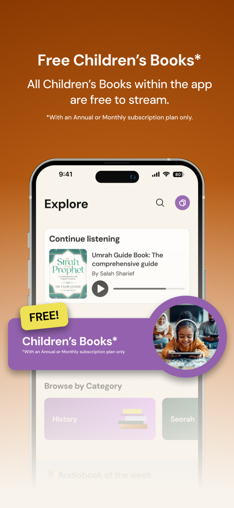 Chaptrs app interface highlighting free streaming for Islamic children audiobooks with a subscription.