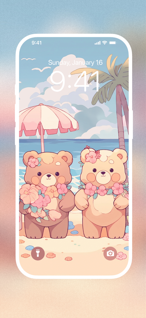 Cute Bear Wallpaper HD - Two cute bears wearing flower leis on a beach in a kawaii style wallpaper