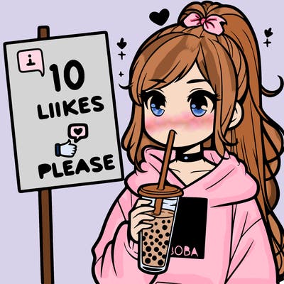 girl with a high ponytail and a hoodie drinking boba staring at a sign saying 10 likes please