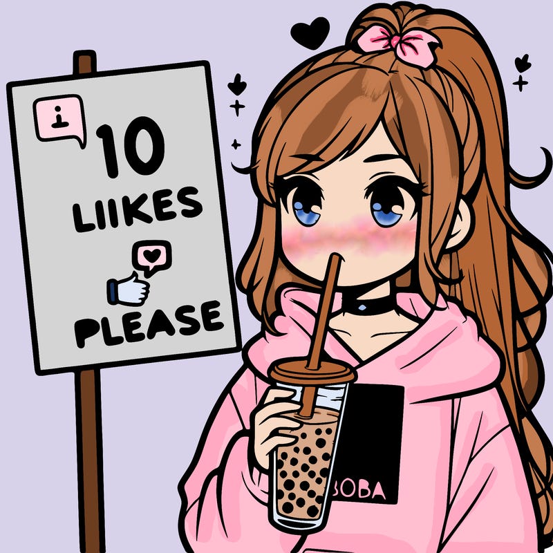 girl with a high ponytail and a hoodie drinking boba staring at a sign saying 10 likes please