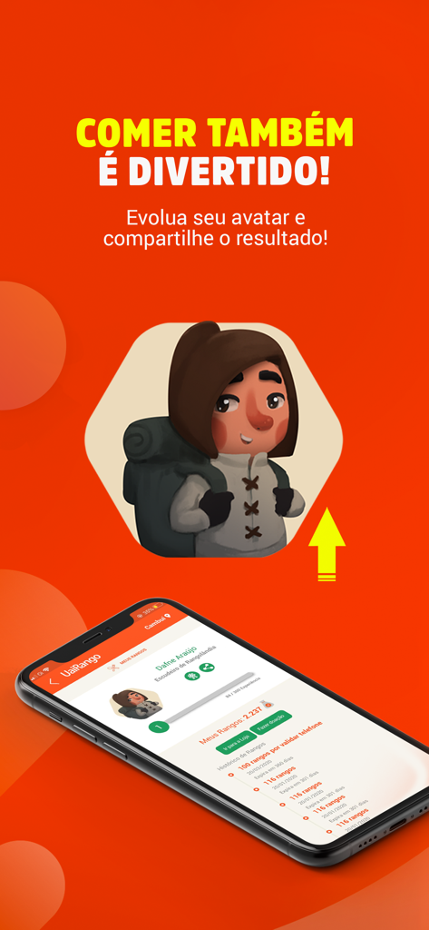 UaiRango - A mobile screen from the UaiRango app showing a character avatar and a gamified rewards interface with points and user history.