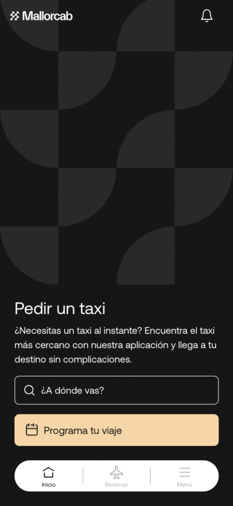 Interfaz de la pantalla de inicio de la aplicación Mallorcab para solicitar o programar un taxi en Mallorca.
