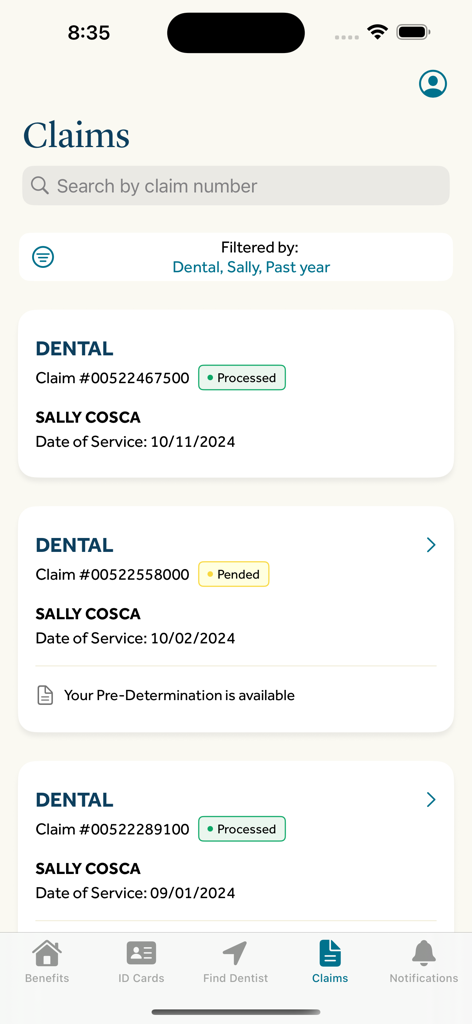 Mobile app screen showing a list of dental insurance claims with their status as processed or pended