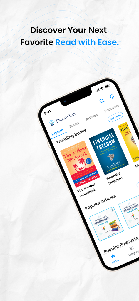 Dream Lab 2.0 - Interfaz de la aplicación Dream Lab 2.0 mostrando libros populares y artículos de moda para el crecimiento profesional
