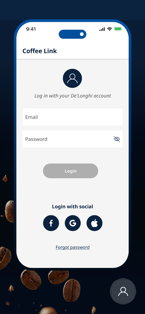 De'Longhi COFFEE LINK - DeLonghi Coffee Link App-Anmeldebildschirm mit E-Mail- und Social-Login-Optionen