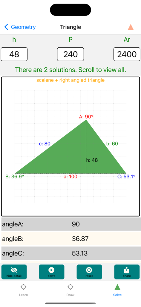 Geometry-Solver Pro - A solved scalene right triangle with labeled sides and angles in Geometry-Solver Pro.
