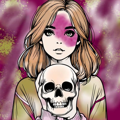 realistic girl holding a skull