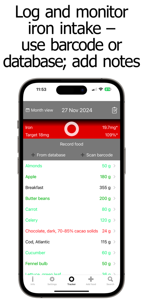 Iron Counter and Tracker - Interface of the Iron Counter and Tracker app showing daily food intake and progress toward an iron goal.