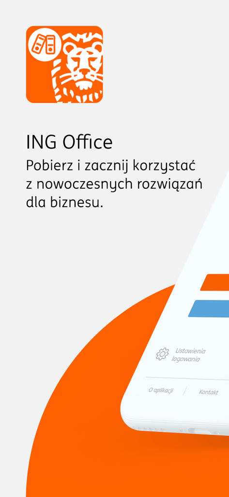 Pantalla de inicio de la aplicación móvil ING Office con el logotipo de la marca y texto en polaco promocionando soluciones empresariales.