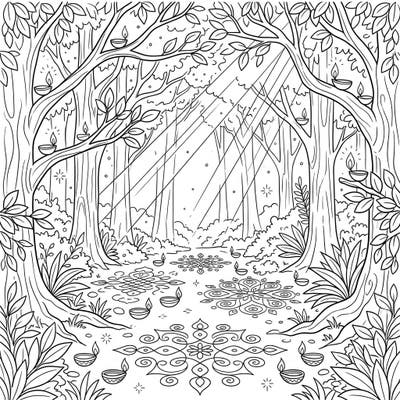Immerse yourself in a magical forest scene where sunbeams illuminate festive Diwali decorations. This intricate coloring page features glowing diyas and beautiful rangoli patterns, perfect for a relaxing and creative experience.