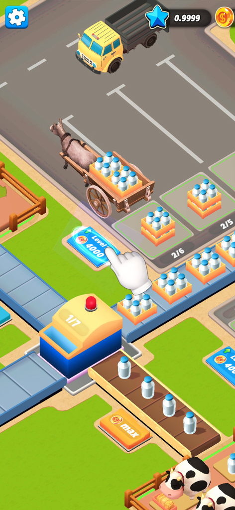 Factory Tycoon Idle Game - Isometric view of a milk production line and upgrade interface in Factory Tycoon Idle Game