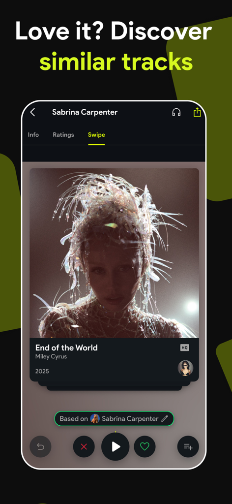 Swipefy app interface showing music discovery for similar tracks based on artist preferences.