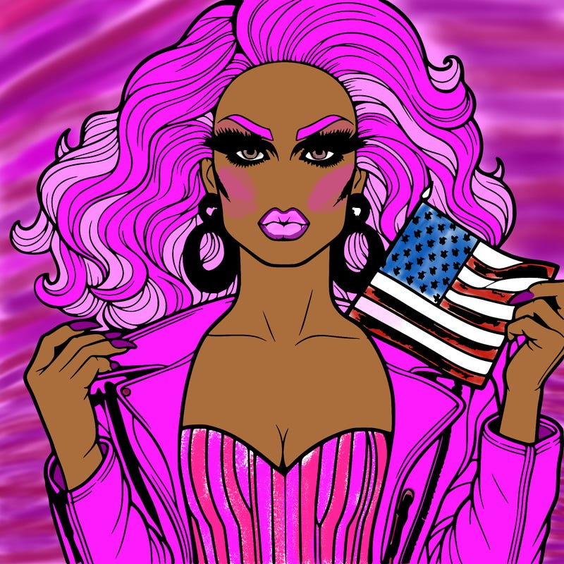 a drag queen with clothes with an american flag realistic