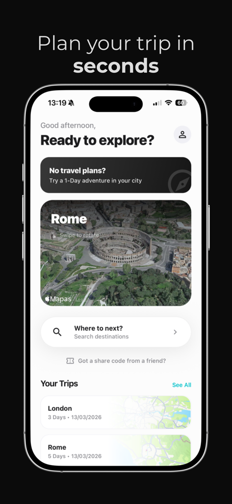 Tripfy travel planner app home screen with trip itineraries and 3D maps