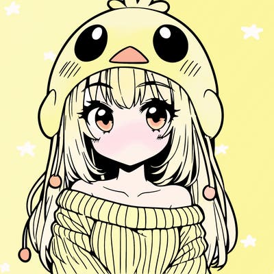anime girl with chick shaped hat with sweater with bare shoulders with bangs covering them one eye with low tail