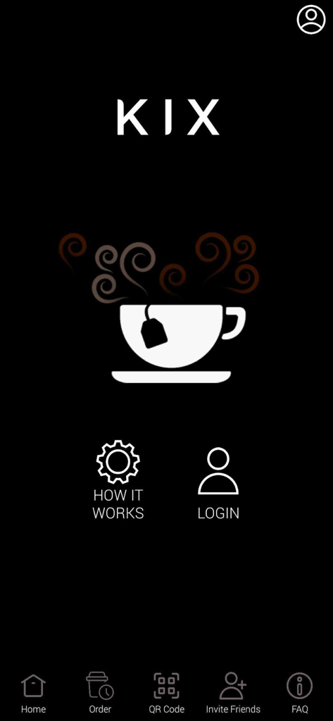 Kix Club - Kix Club workplace cafe app home screen with a tea cup icon and login options