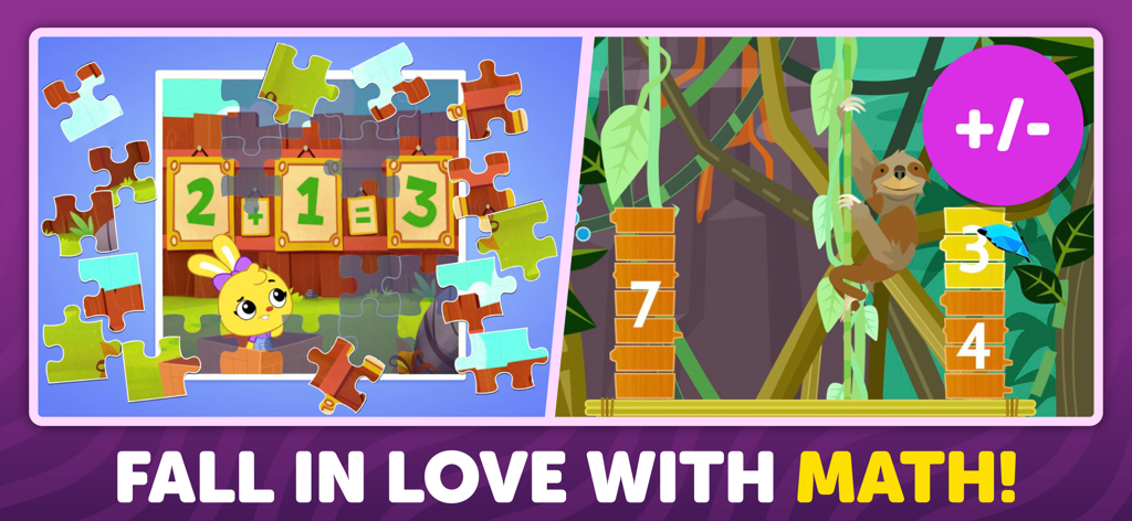 Puzzles educativos de matemáticas y actividades de conteo para niños en la aplicación PlayKids