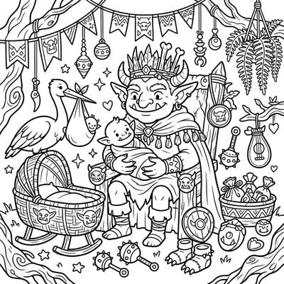 Get ready for a most unexpected celebration with our Goblin King Baby Shower coloring page! This delightful design combines mythical royalty with sweet baby joy, offering a truly unique coloring experience.