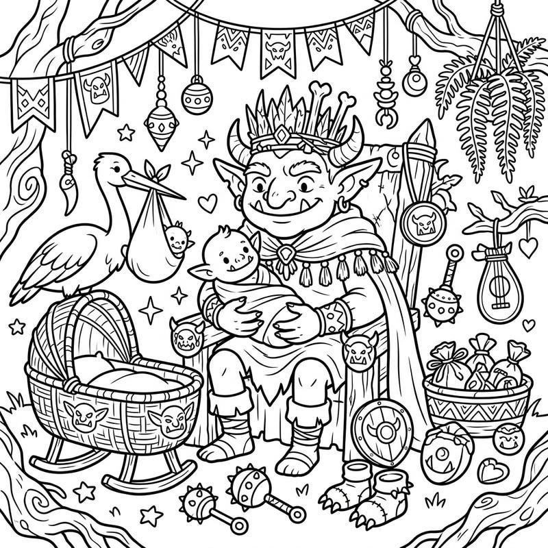 Get ready for a most unexpected celebration with our Goblin King Baby Shower coloring page! This delightful design combines mythical royalty with sweet baby joy, offering a truly unique coloring experience.