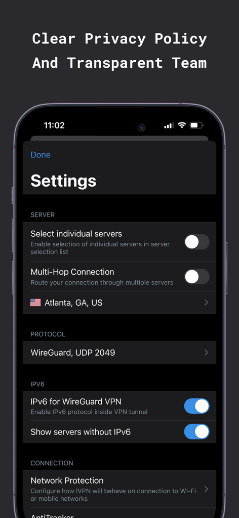 IVPN iOS app settings screen displaying options for Multi-Hop connection, WireGuard protocol, and IPv6 support.