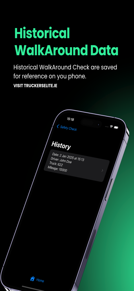 WalkAround Checks app interface showing historical vehicle inspection data including driver name and truck mileage.