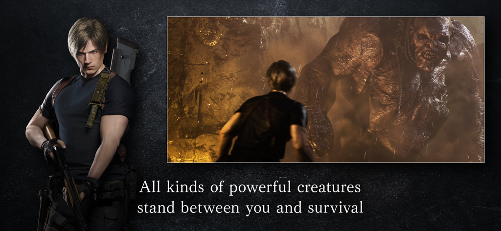 Resident Evil 4 - Arte del personaje de Leon Kennedy y jugabilidad de él enfrentándose a una criatura masiva en Resident Evil 4