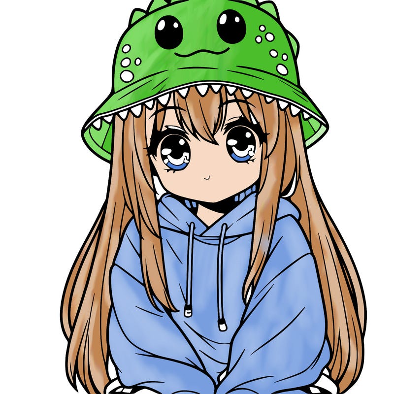 girl with anime shaped eyes with a dinosaur bucket hat oversized sweatshirt long straight hair