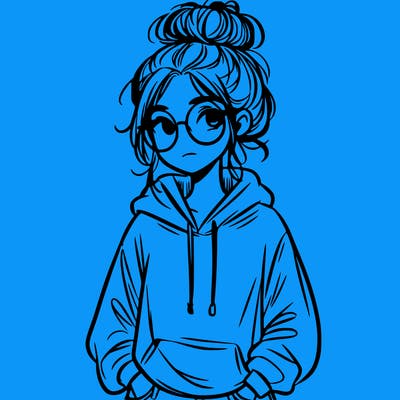 teen girl with a messy bun and glasses wearing a loose hoodie and jeans