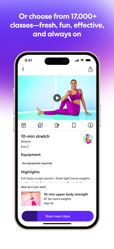 obé | Fitness for women - Screenshot der obé Fitness App, der eine 10-minütige Dehnungsübung mit einer Videovorschau und Trainingsdetails zeigt.