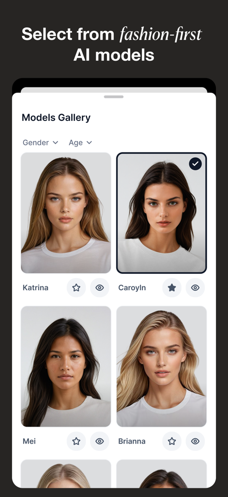 Interface of the Botika app showing a gallery of diverse AI fashion models for selection
