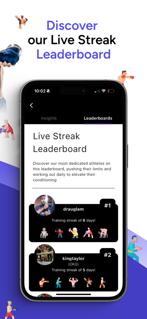 Martial Profile app leaderboard displaying training streaks for martial artists