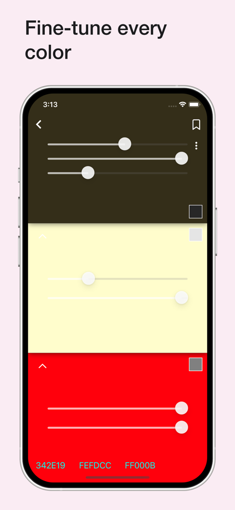 Color Wheel - カラーホイールアプリのスクリーンショット。パレット内の特定の色合いを微調整するためのカラー調整スライダーが表示されています。