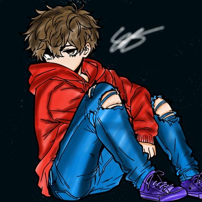 a male hoddie ripped jeans messy hair anime