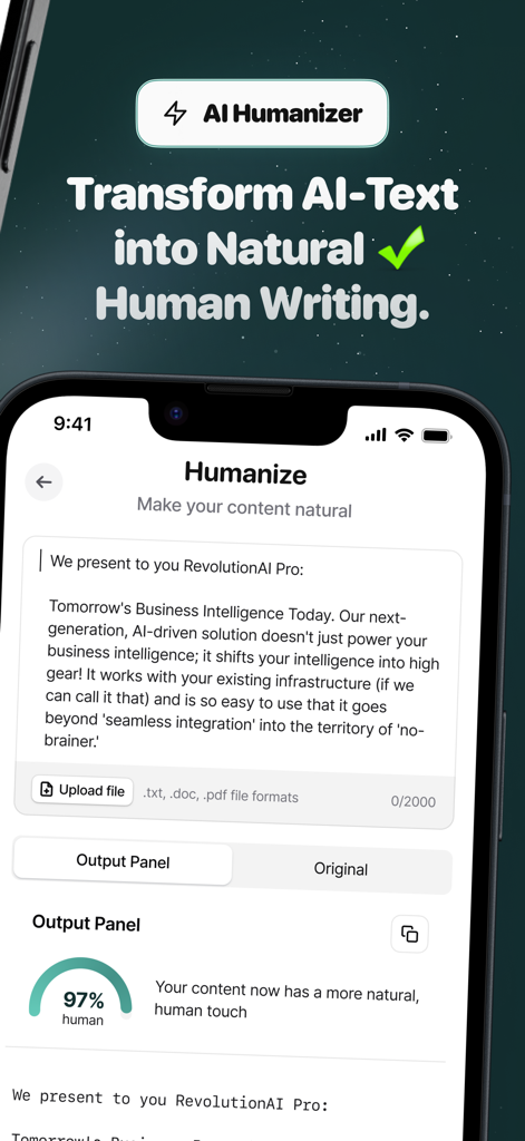 Herramienta humanizadora de texto de IA que muestra la transformación de texto y un indicador de alta puntuación humana