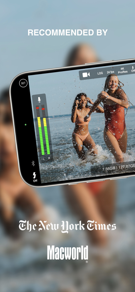 ProCam - Pro Camera - ProCam app interface showing professional video features and press reviews from The New York Times and Macworld.