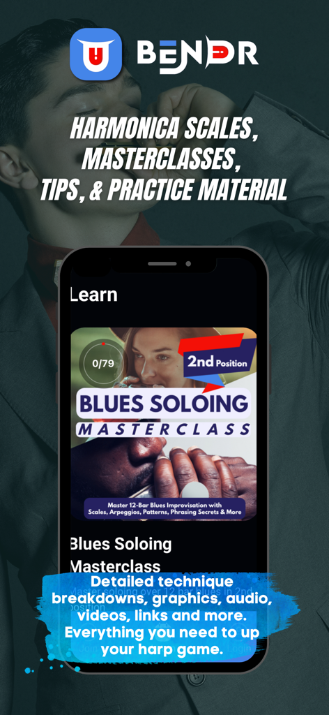 Brynland - Ein Smartphone-Bildschirm, der die Benutzeroberfläche des Blues Soloing Masterclass innerhalb der Brynland Mundharmonika-Lern-App zeigt.