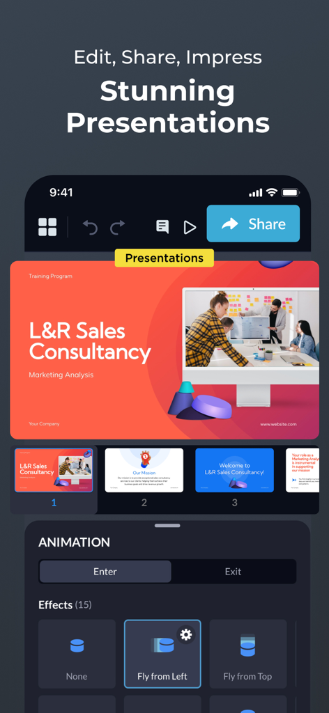 Visme - Presentation & Charts - Visme app mobile interface showing a presentation slide editor with animation effects and a sales consultancy template.