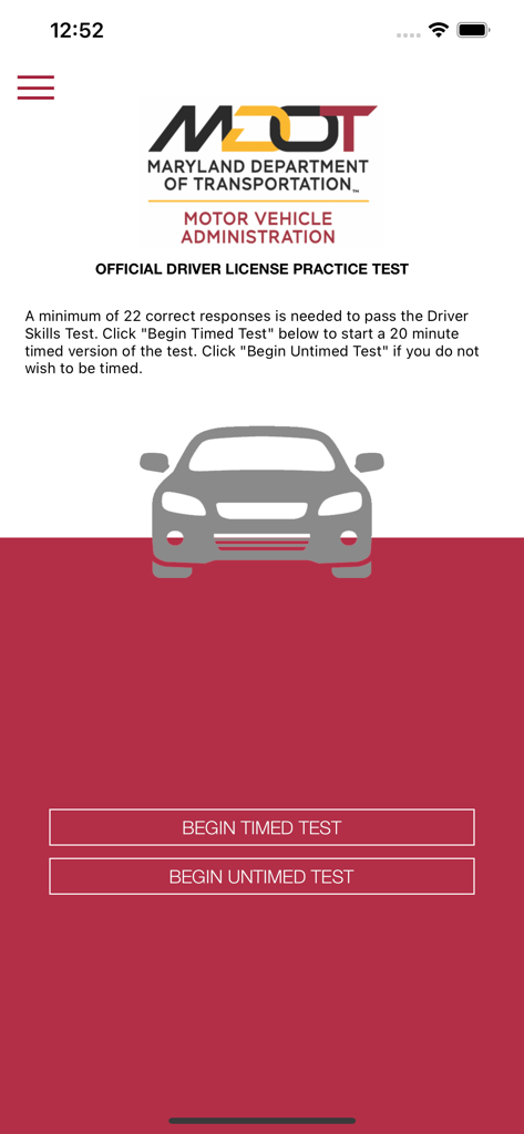 MD Practice Driving Test - Official Maryland MVA driver license practice test app home screen with timed and untimed test options