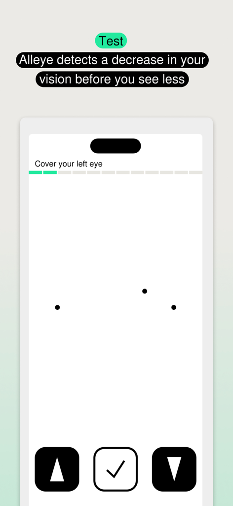 Alleye - Alleye app vision test interface showing instructions to cover the left eye for retina health monitoring.