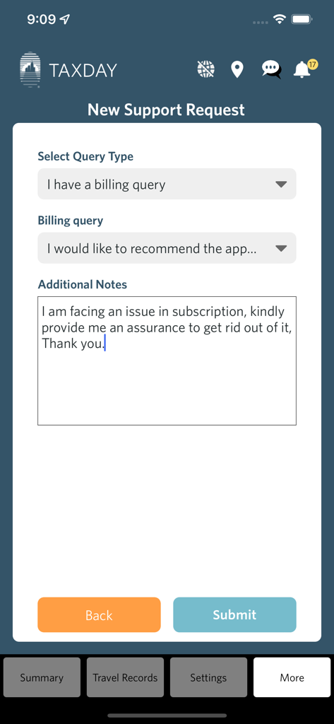 TaxDay - TaxDay app support request screen showing a form for billing queries and additional notes