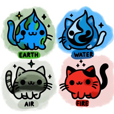 4 cats that represent the different elements, earth, water, air, and fire