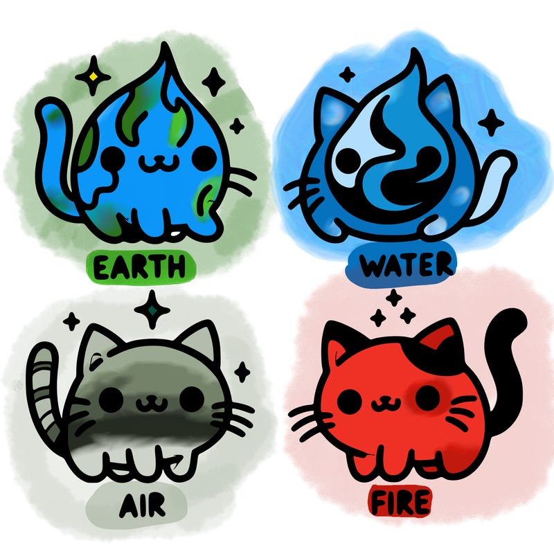 4 cats that represent the different elements, earth, water, air, and fire