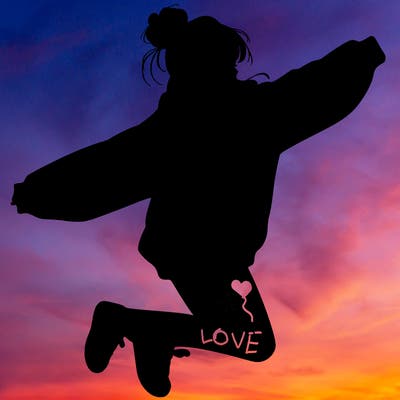 realistic girl jumping with a bun and oversized sweatshirt