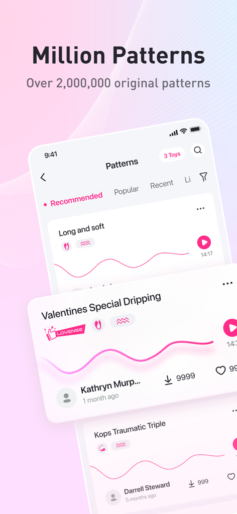 Lovense Remote - Benutzeroberfläche der Lovense Remote App mit einer Bibliothek von über 2 Millionen benutzerdefinierten Vibrationsmustern mit Wellenvisualisierungen und Benutzernamen