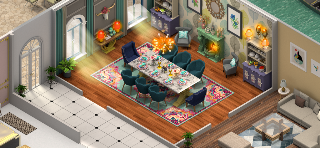 Roomflip: Design TV Show Game - A vibrant and luxurious dining room interior designed in the Roomflip mobile game.