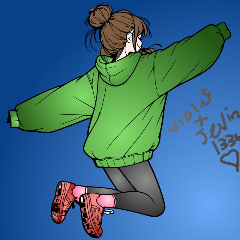 realistic girl jumping with a bun and oversized sweatshirt