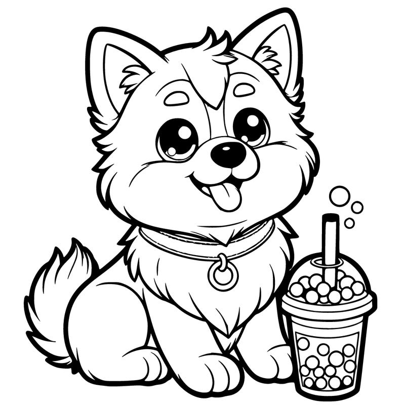 realistic dog with realistic bubble tea